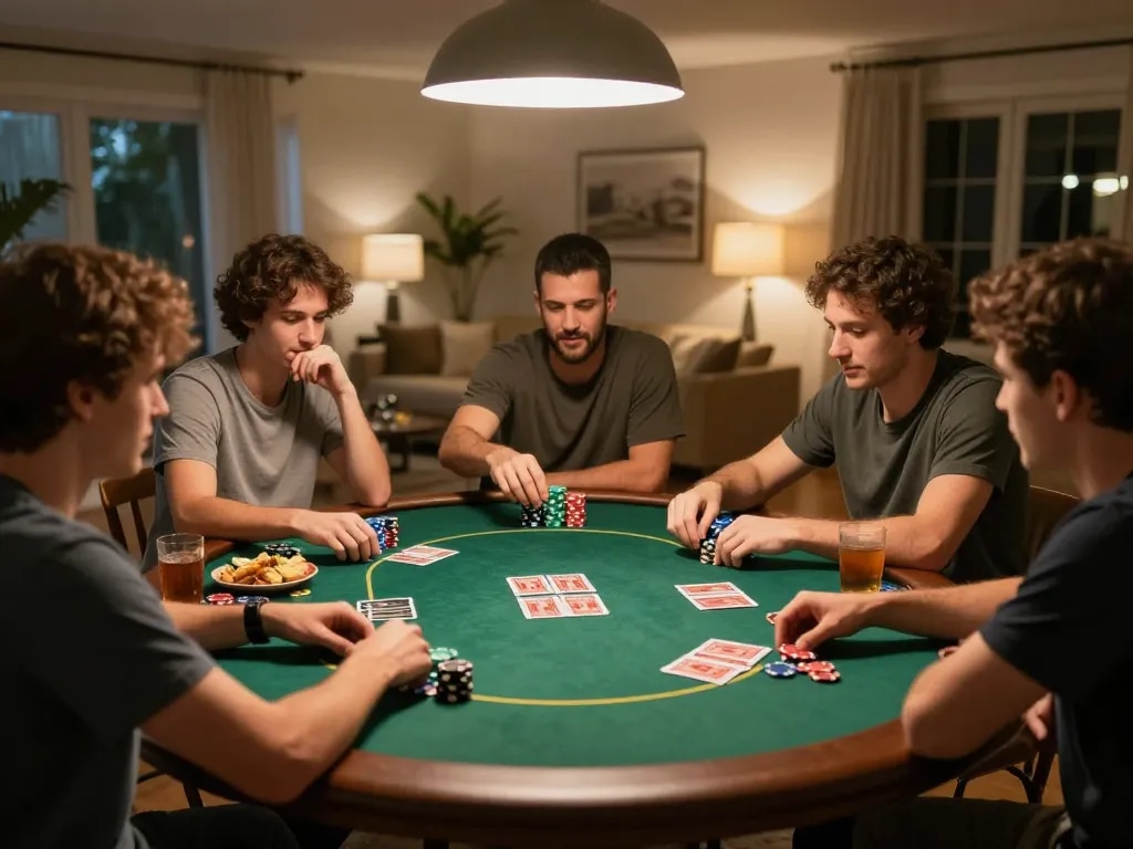 MK8 poker night with friends showcasing strategy and camaraderie in a cozy environment.