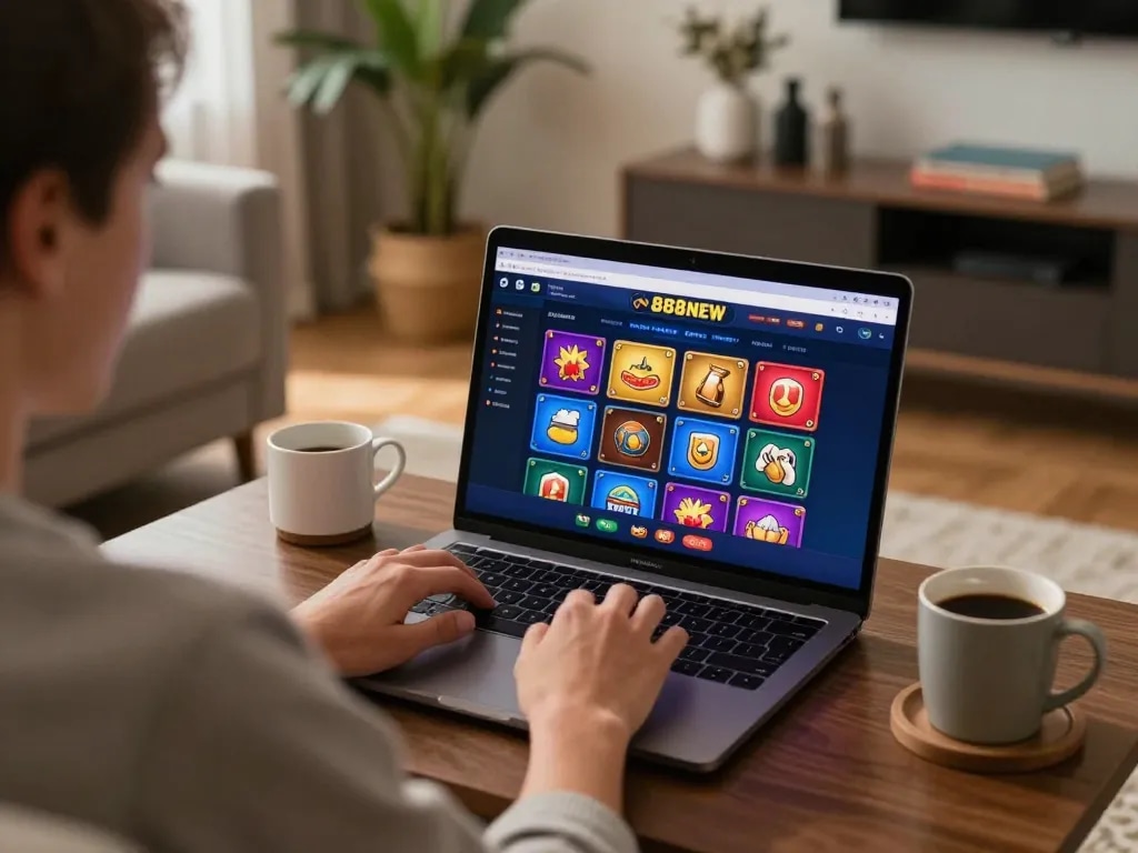 Player engaging with 888NEW casino app on laptop, showcasing a modern home gaming setup