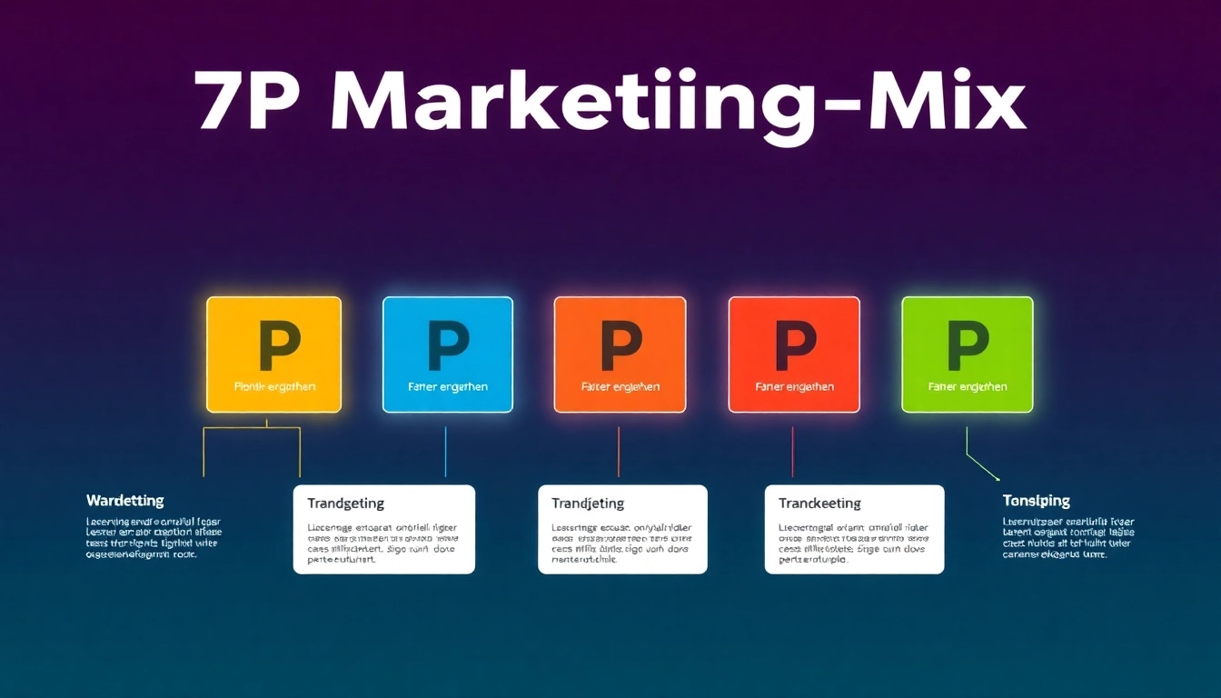 Visualisierung des 7p marketing mix mit symbolischen Piktogrammen für Produkt, Preis, Platz, Promotion, Leute, Prozesse und physische Evidenz.