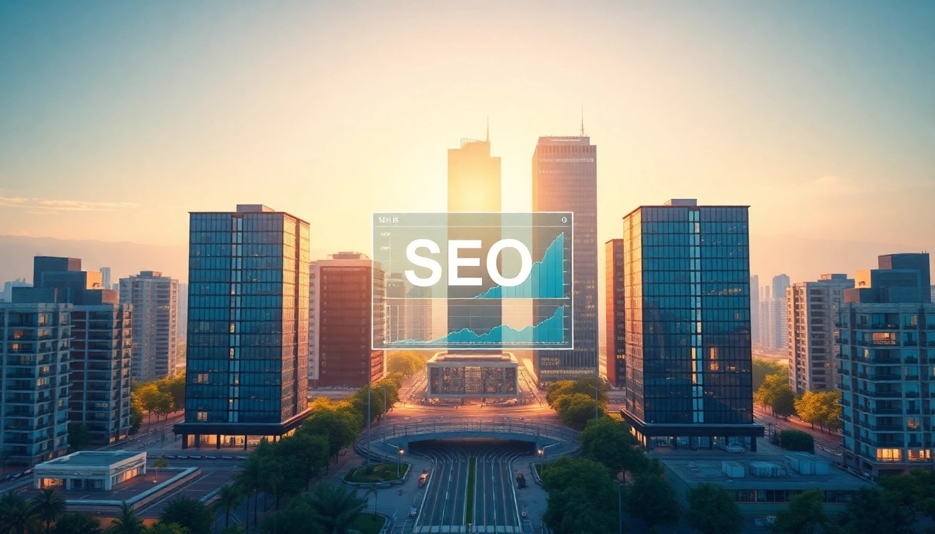 Visualisiere die Bedeutung des SEO-Rankings in einer Stadtansicht mit Analyse-Dashboard und business-orientierter Architektur.