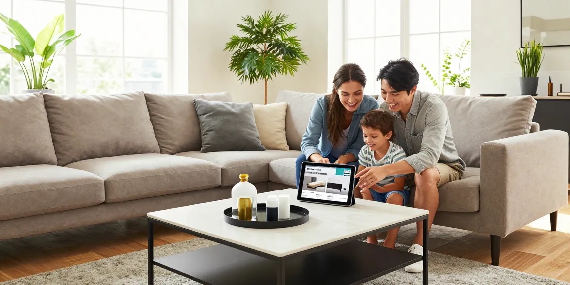 Modernes Wohnzimmer mit Familie, die sich mit wohnmöbel online kaufen beschäftigt und stilvolle Möbel sowie eine helle Atmosphäre präsentiert.