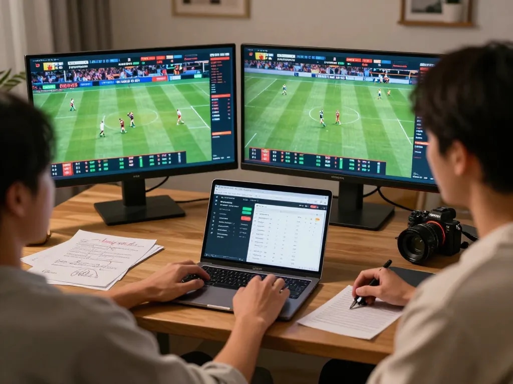 Engaged sports bettor using Bsport app on dual monitors for live betting