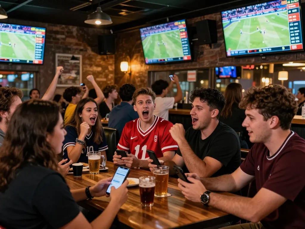 Tỷ lệ kèo nhà cái hôm nay displayed on screens in a vibrant sports bar atmosphere with patrons celebrating.