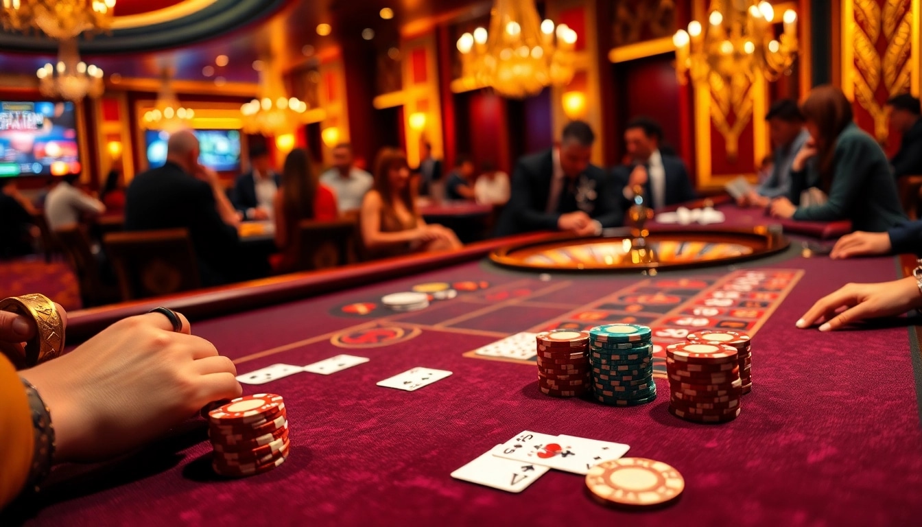 B52club players strategizing at a luxury poker table in an upscale casino environment.