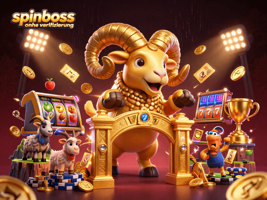 Spinboss ohne Verifizierung - Goldener Widder und Spielautomaten in dynamischer Szene.