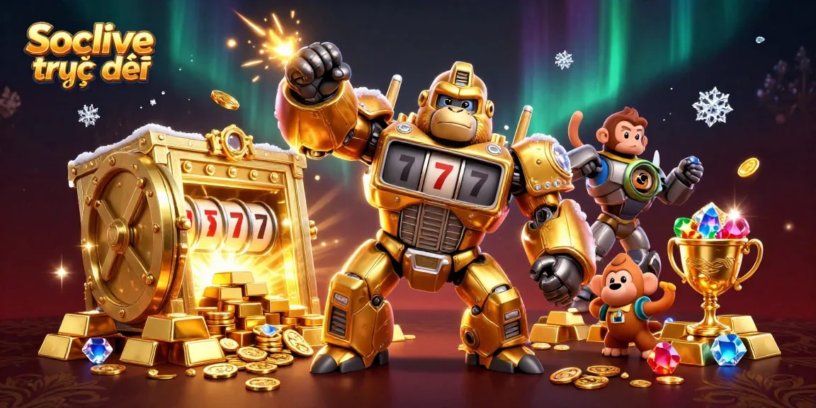 Experience Socolive trực tiếp through an exciting 3D illustration featuring a golden gorilla mech surrounded by vibrant casino treasures.