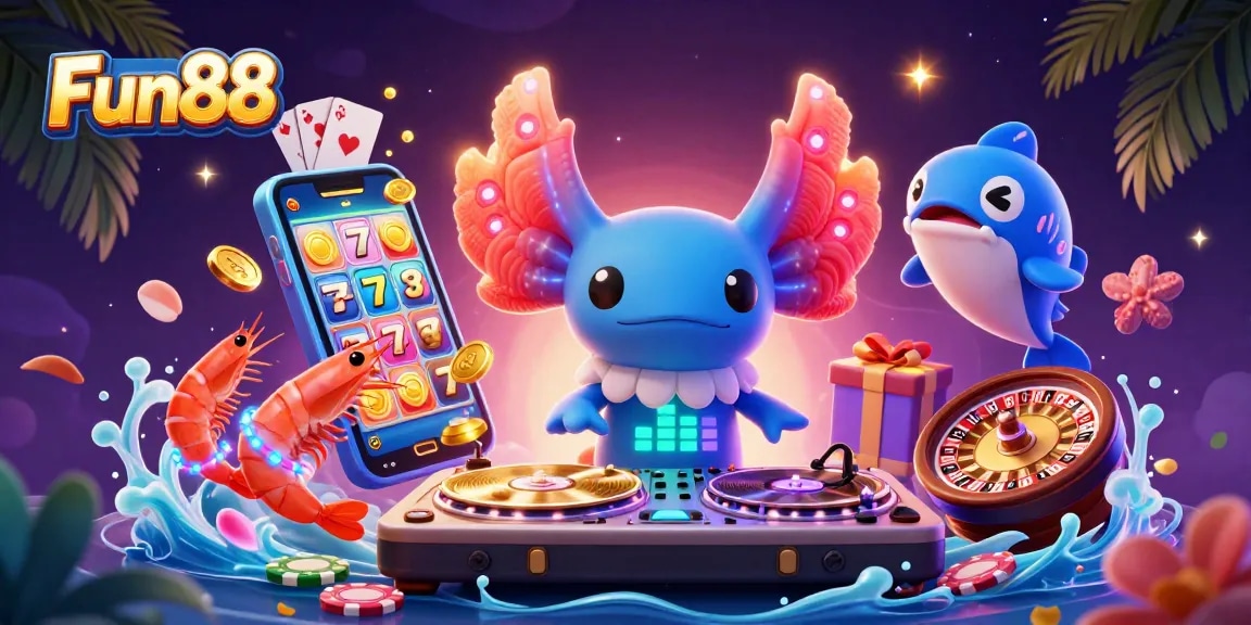 Spin to win with Fun88 at a vibrant underwater casino with unique characters.