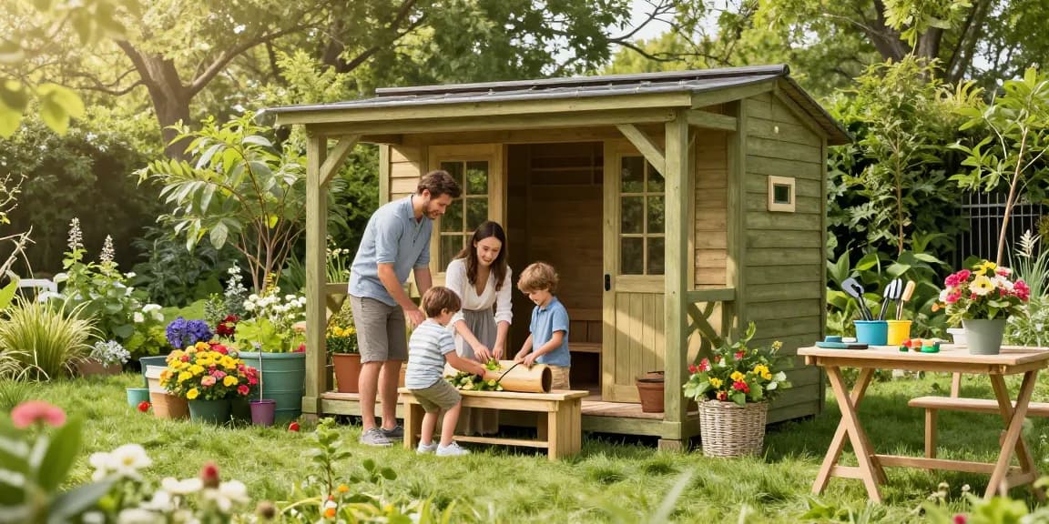 Modernes Gartenhaus Holz umgeben von einer blühenden Gartenlandschaft, Familie montiert Gartenmöbel.