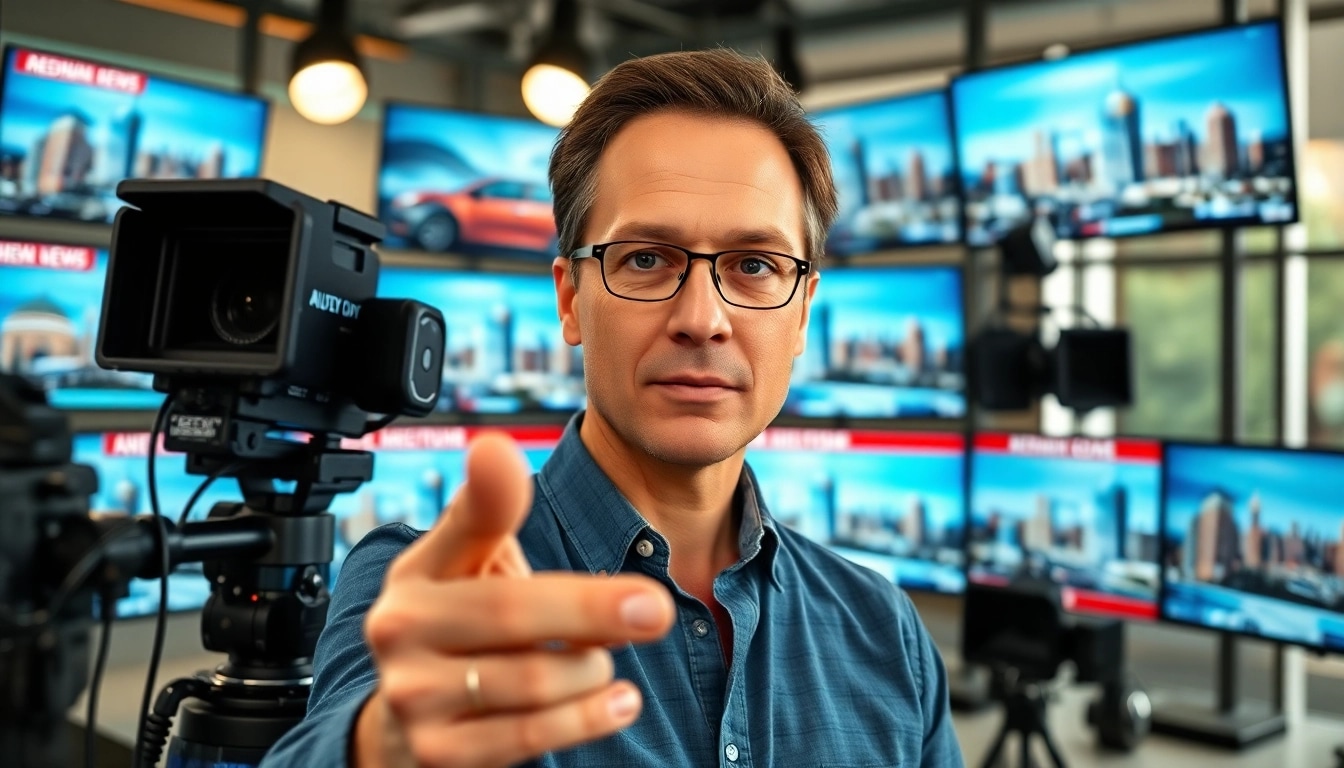 Aktuelle Meldungen präsentiert von einem professionellen Journalisten in einem modernen Nachrichtenraum.