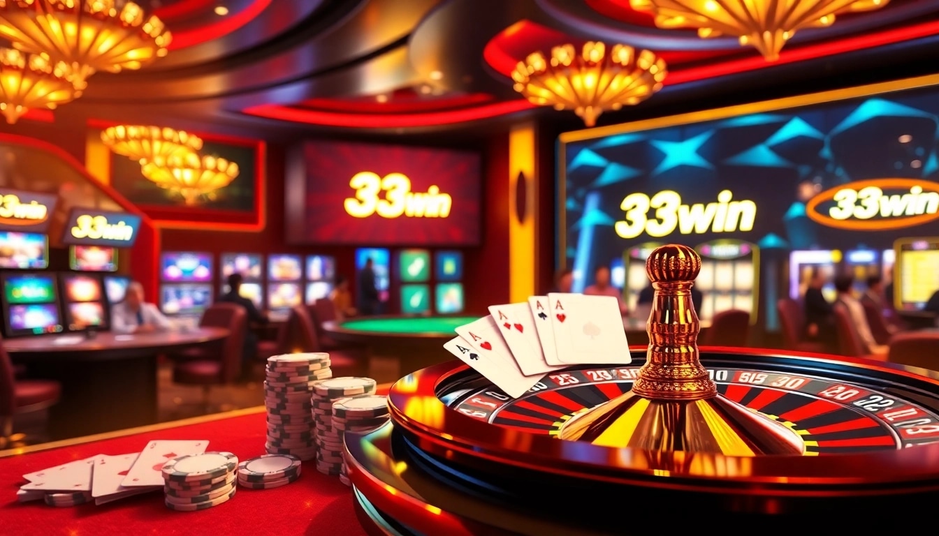 33win logo displayed prominently in a lively casino scene with poker chips and cards.