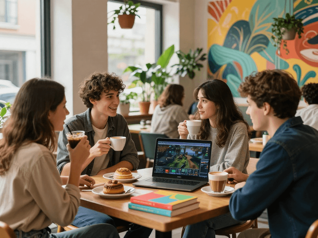 Engaging cafe scene with friends enjoying rokok88 coffee and pastries