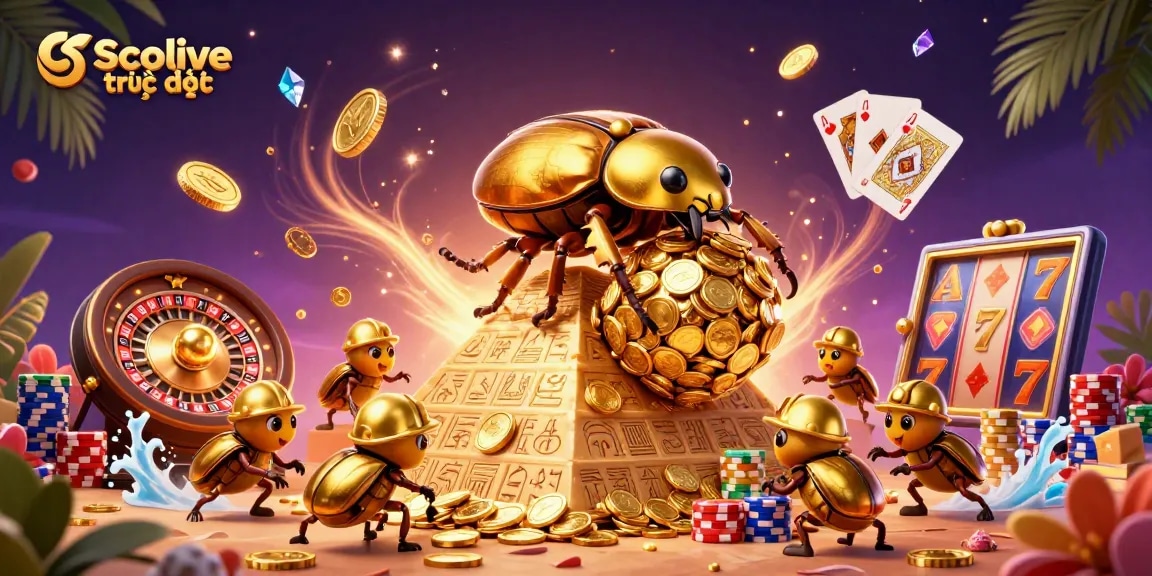 Socolive trực tiếp showcases a thrilling cartoon scene with golden beetles and cascading coins