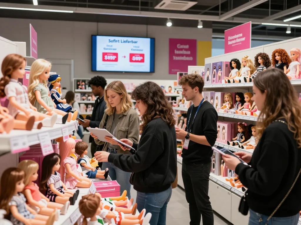 Sofort Lieferbar-Schild in lebhaftem Einzelhandelsumfeld, das verfügbare Sexpuppen für den sofortigen Kauf zeigt.