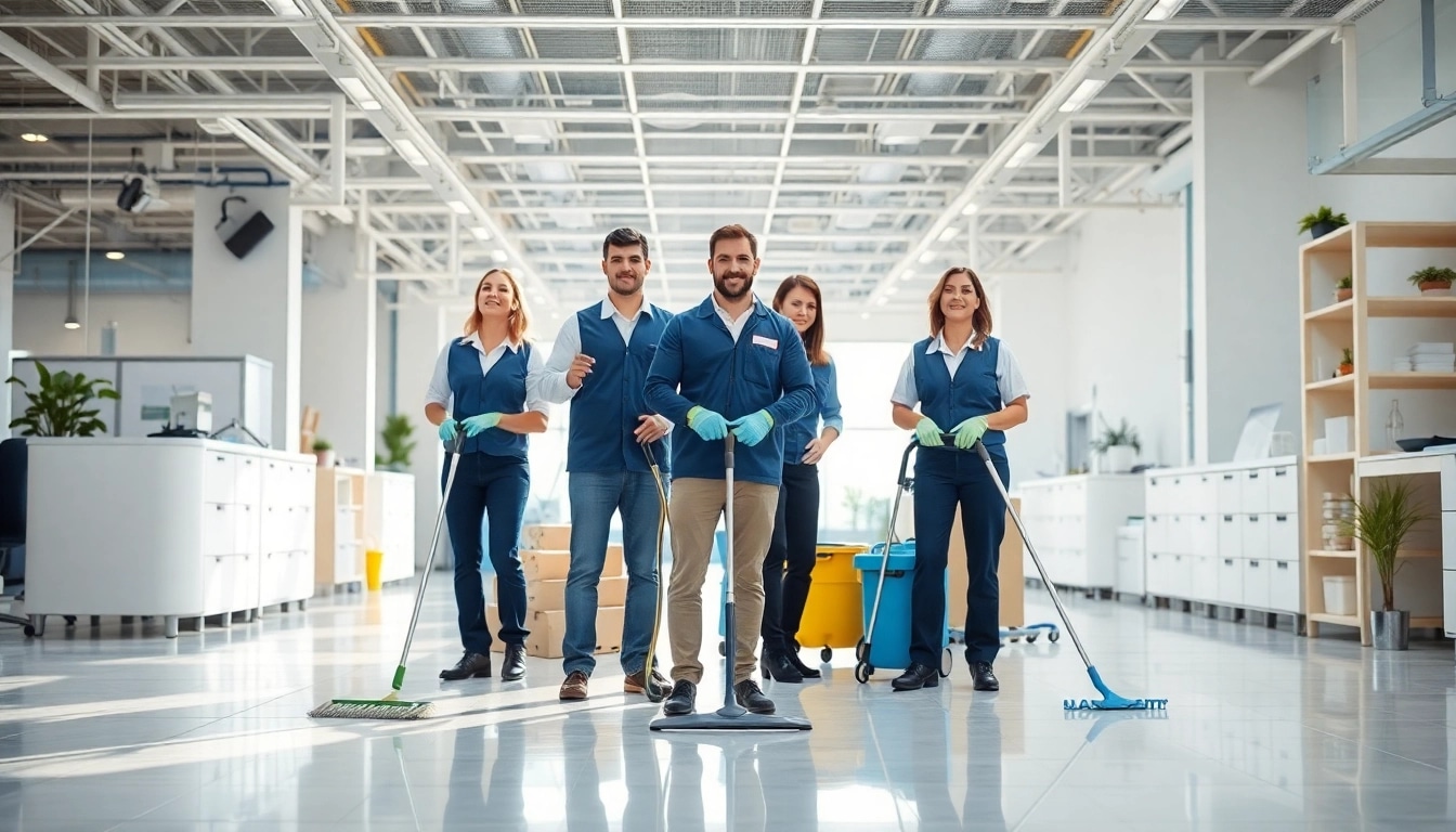 Efficient Gebäudereinigung Ulm Team cleaning a commercial space with modern equipment