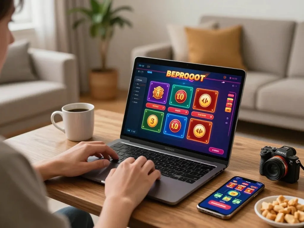 Engaged player using 56WIN app on smartphone during an online casino session at home.