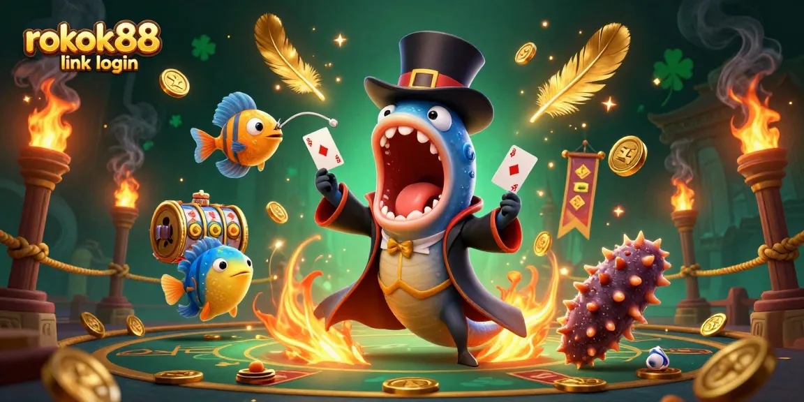 Interact with rokok88 link login while experiencing a vibrant casino-themed scene featuring magical sea creatures.