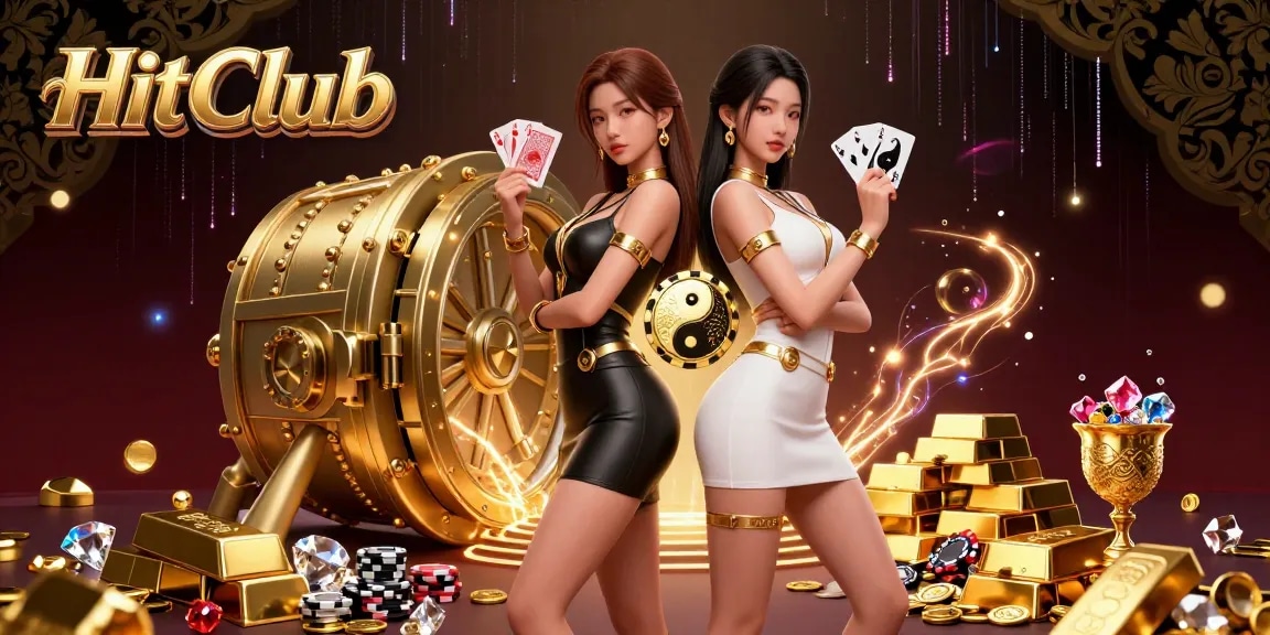 HitClub showcases a vibrant gaming scene featuring twin Asian women holding playing cards and surrounded by casino treasures.