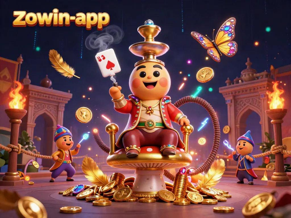 Engage with the zowin-app's vibrant casino scene featuring unique game elements and a dynamic illustration.
