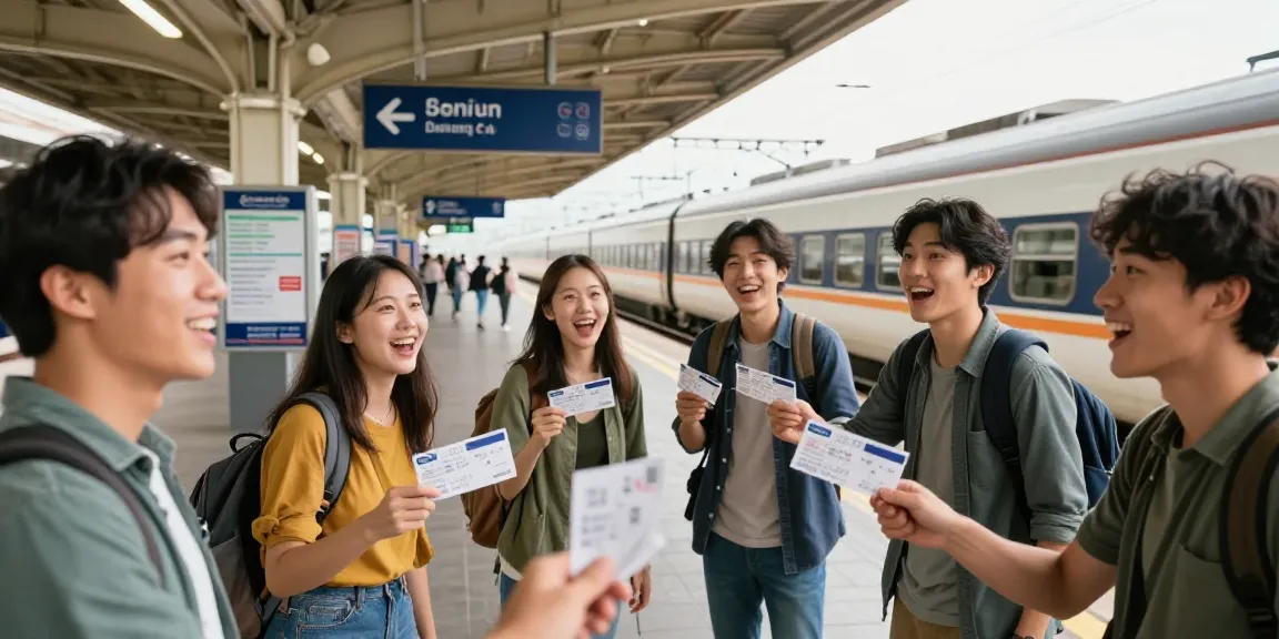 Gruppentickets für die Bahn in der Hand einer Gruppe von Reisenden am Bahnhof, Vorfreude auf das Abenteuer.