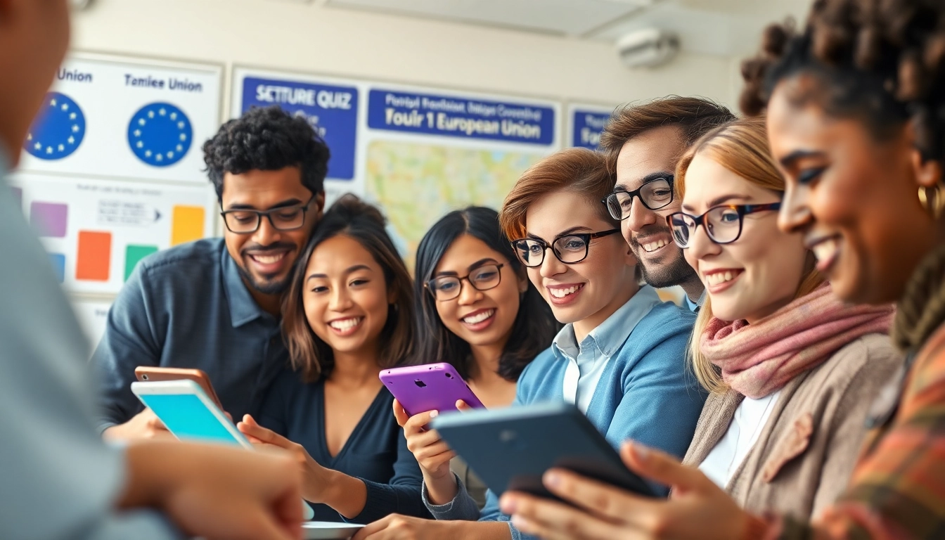 Interaktive Teilnehmer des Quiz zur Europäischen Union mit digitaler Technologie.