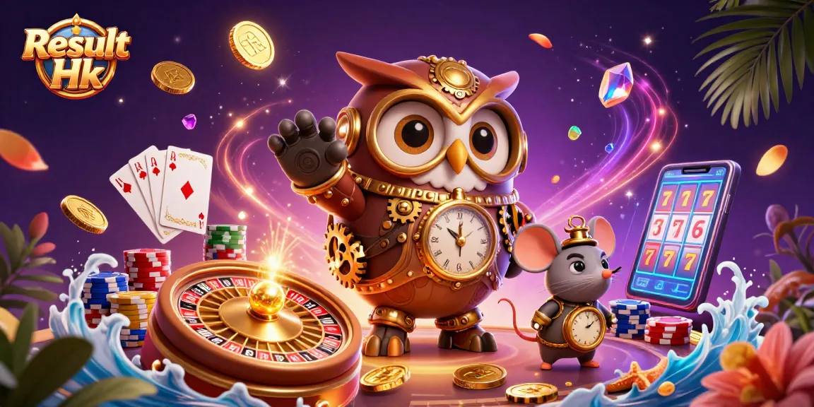 Engage with Result Hk in a vibrant casino scene featuring 3D characters and dynamic gaming elements.