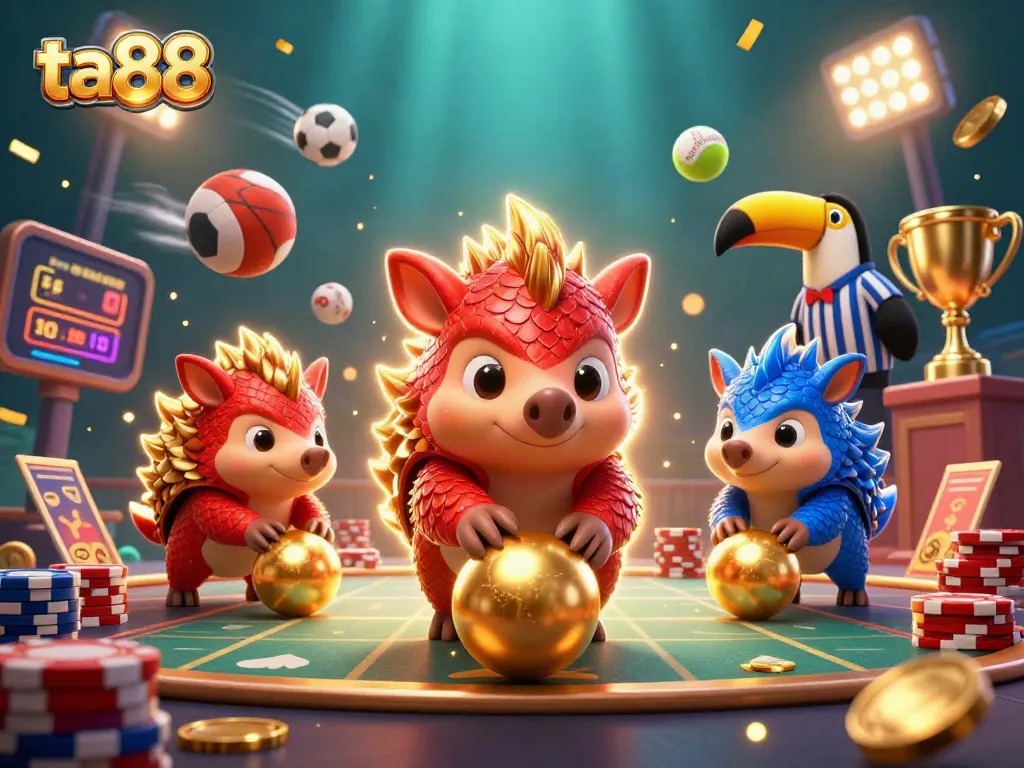 Engage with ta88 by rolling golden balls in a vibrant casino scene featuring rival pangolins.