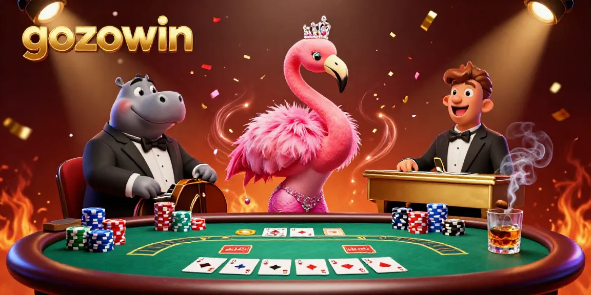Engage with gozowin in a lively casino scene featuring a flamingo singer and hippo bassist amidst poker elements.