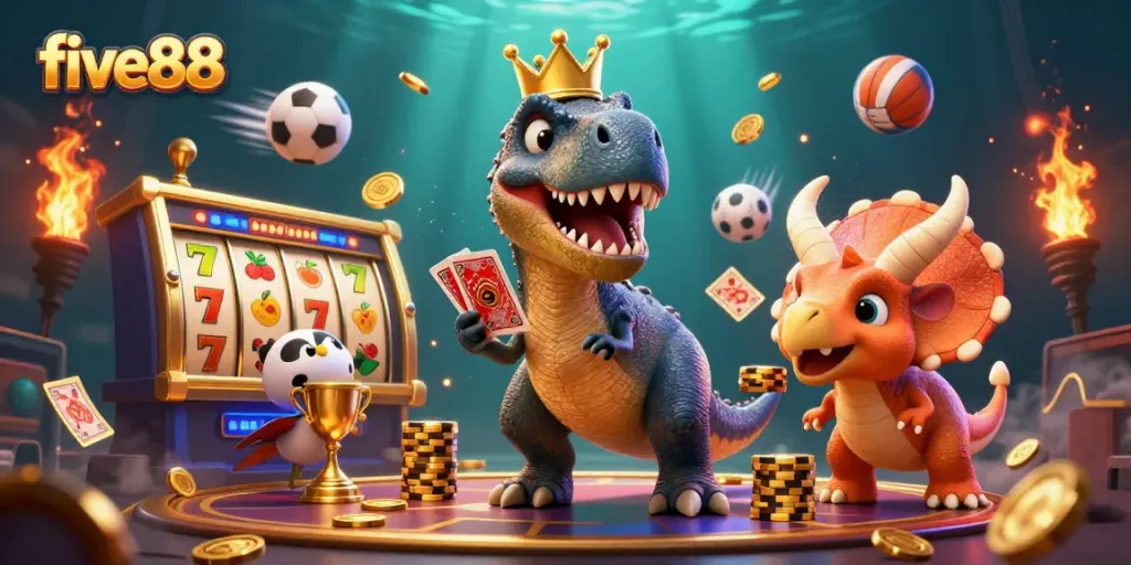 Experience thrilling gameplay at five88 with a colorful illustration of animated dinosaur characters enjoying casino games.