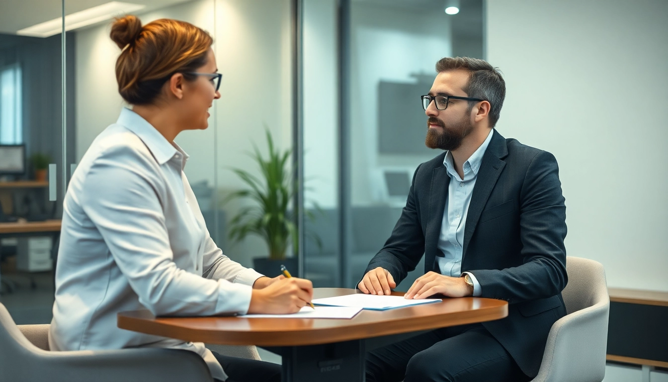 Fachkundige Unterstützung während eines Job Transition-Prozesses mit einem Berater und Klienten im Büro.