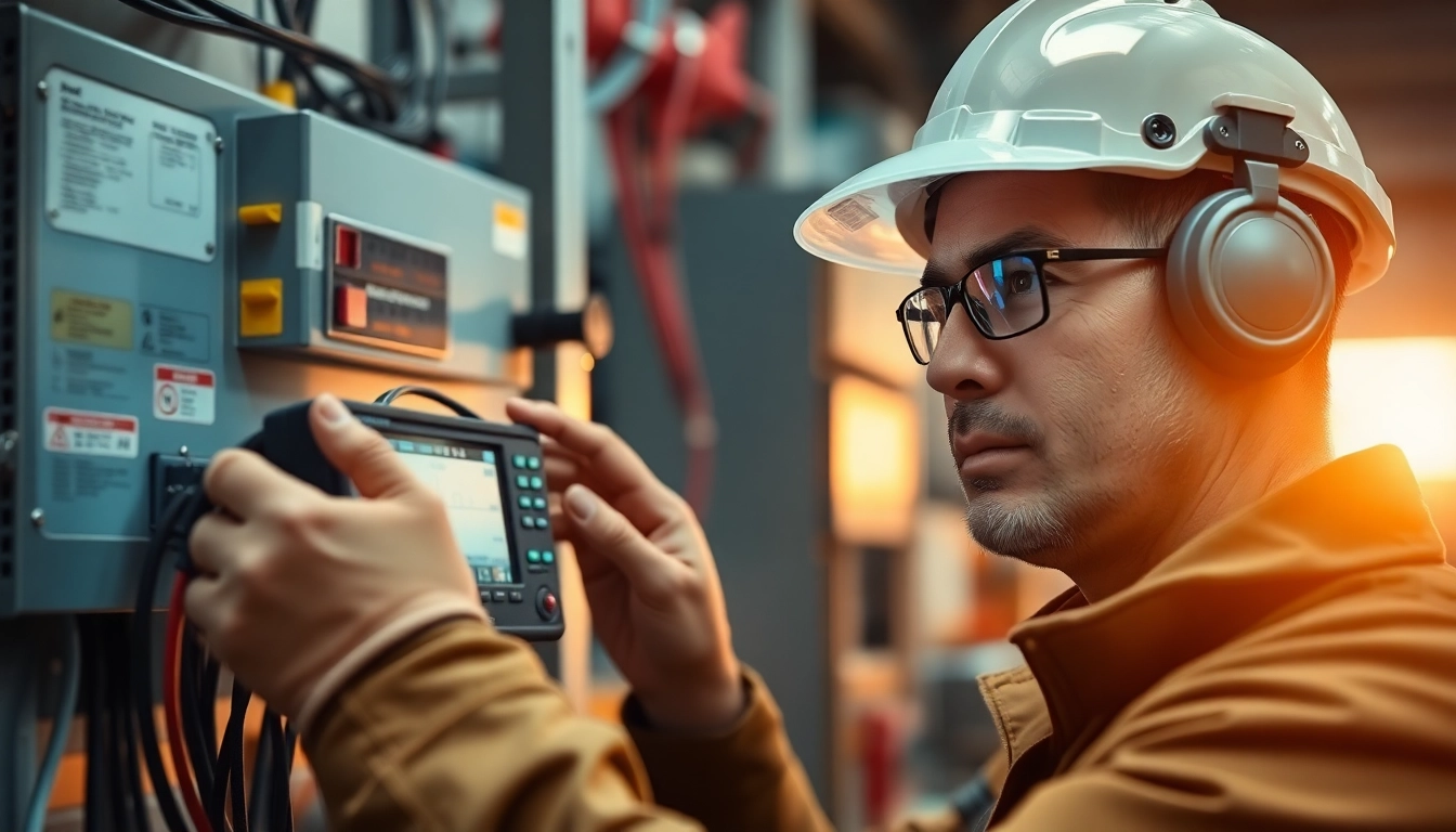 Techniker bei der DGUV V3 Prüfung elektrischer Anlagen, sorgfältig die Messgeräte überprüfend, sichere Arbeitsumgebung.