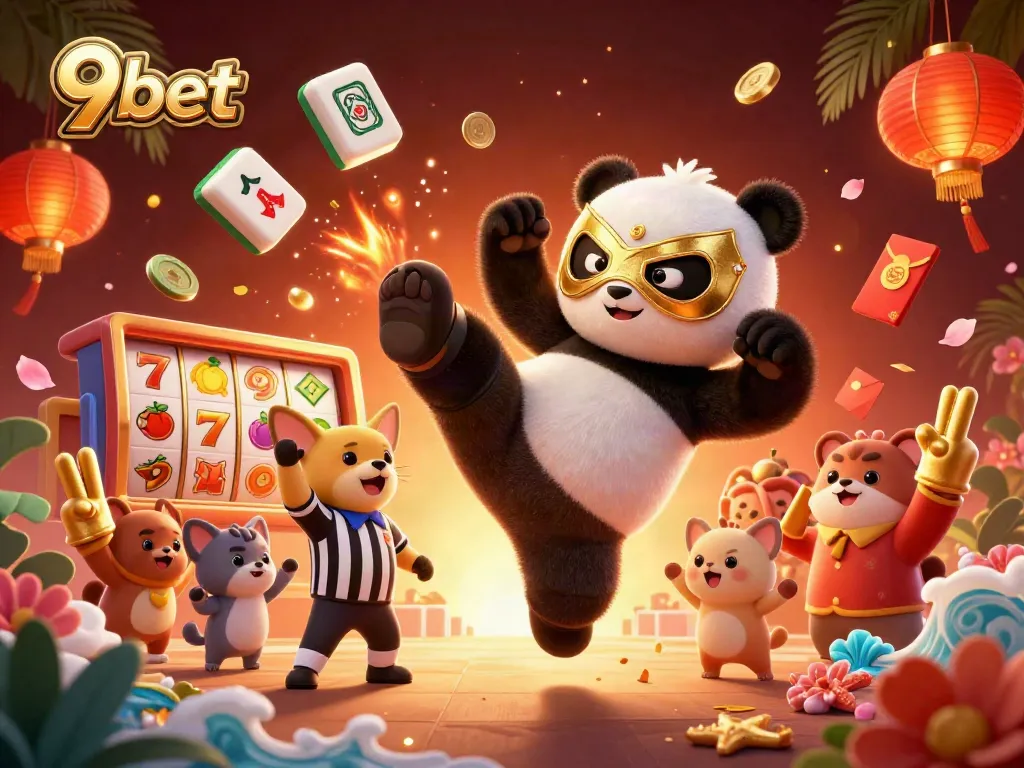 9bet engaging scene with a panda wrestler and vibrant casino elements showcasing playful and immersive betting atmosphere.