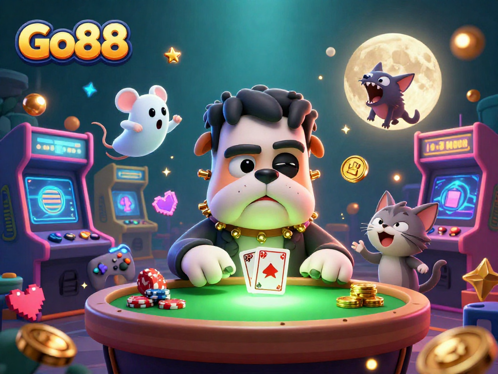 Engage with Go88's thrilling gaming atmosphere featuring a lively 3D cartoon character scene.
