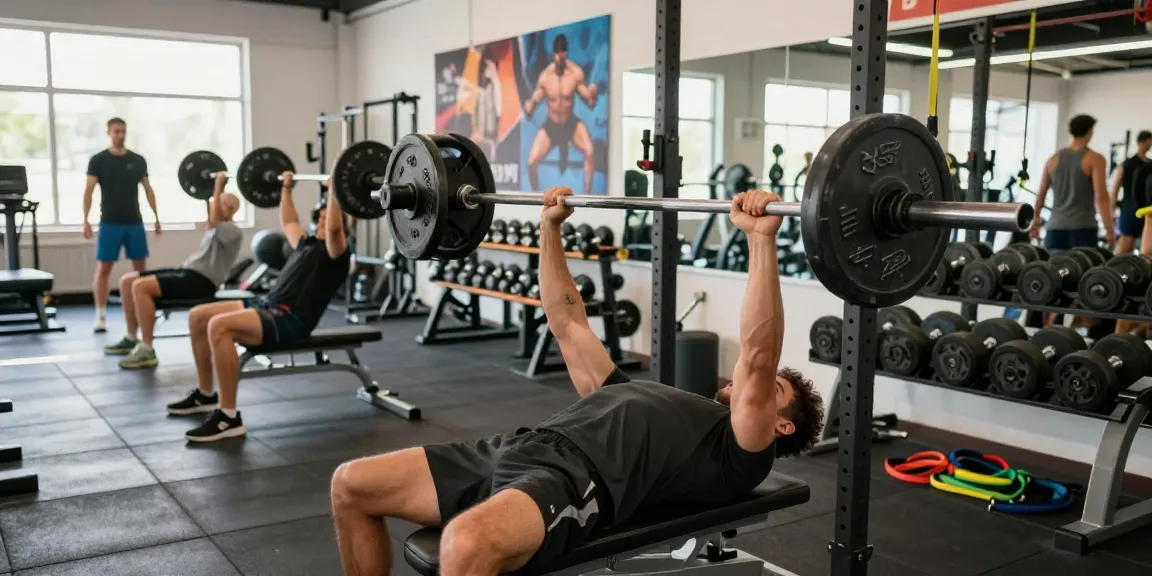 Aktivitätsbezogene Fitnessszene im Astera Shop mit Bodybuilder, der Gewichte drückt.