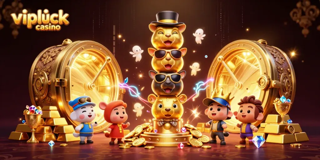 Spin to win at vipluck casino, featuring vibrant characters and dynamic casino elements.