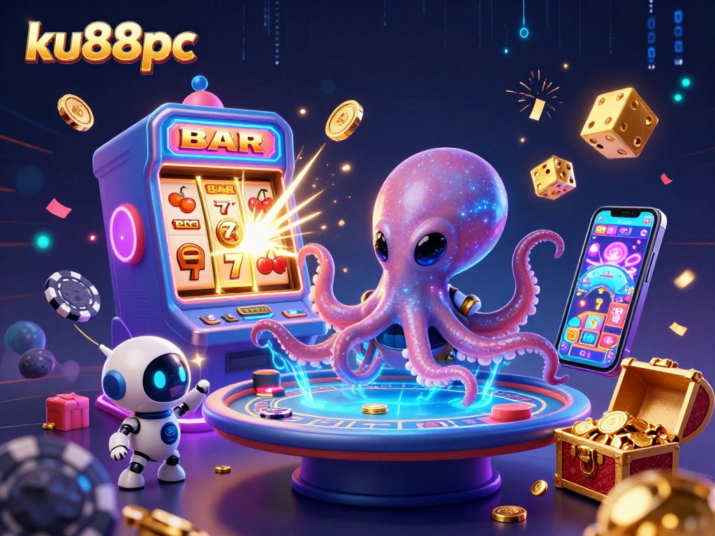 Engage with immersive gambling action at ku88pc, featuring an alien octopus and vibrant casino elements.