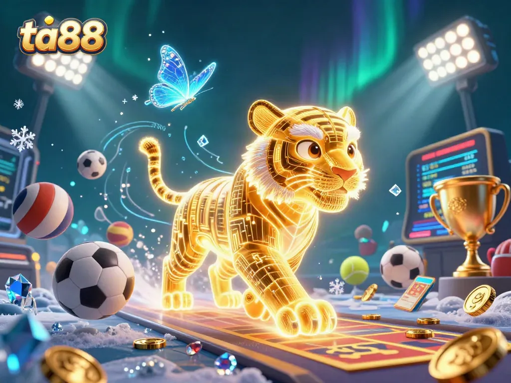 Experience the thrill of ta88 with dynamic sports elements and a golden tiger in a vibrant casino.