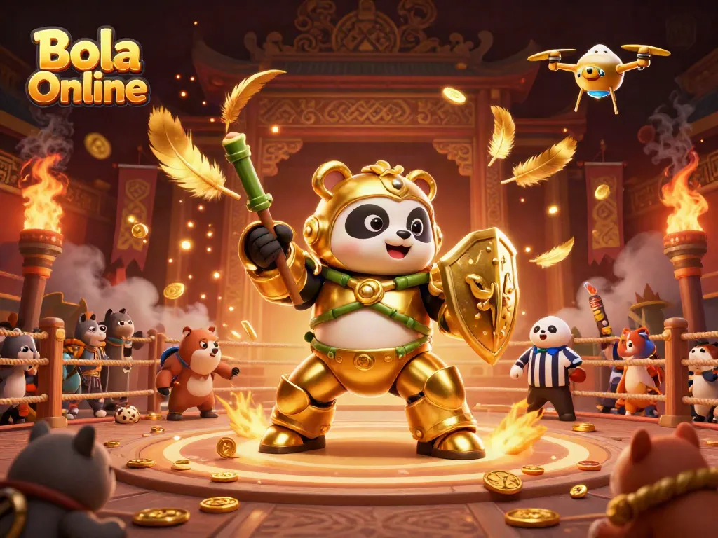 Bola Online sports betting scene with a mech-suit panda and bamboo robot amidst a cheering crowd.