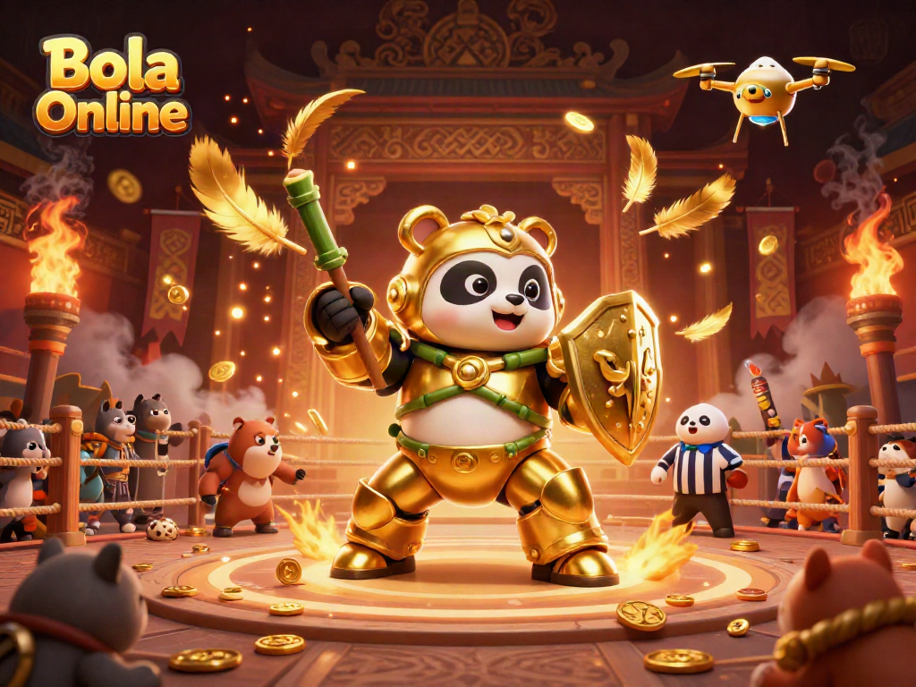 Bola Online sports betting scene with a mech-suit panda and bamboo robot amidst a cheering crowd.