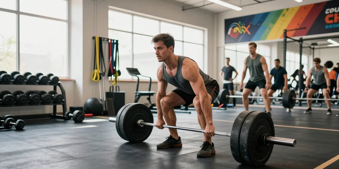 Bodybuilder lifting weights in a bright gym at Anabolika Shop, showcasing strength and determination.