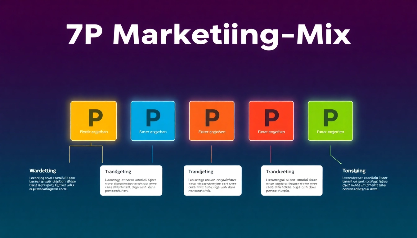 Visualisierung des 7p marketing mix mit symbolischen Piktogrammen für Produkt, Preis, Platz, Promotion, Leute, Prozesse und physische Evidenz.