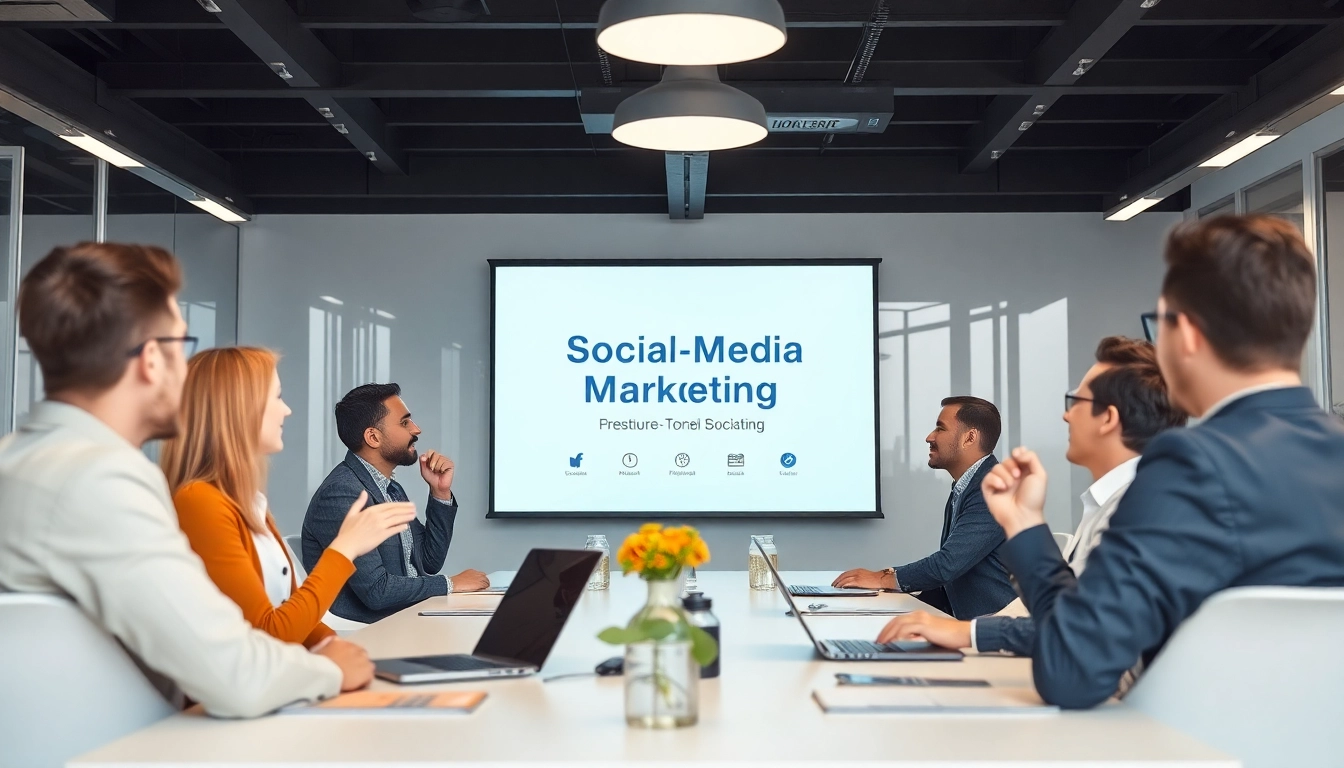 Visualisierung der Social-Media-Marketingstrategie in einem Teammeeting, das innovative Ansätze fördert.