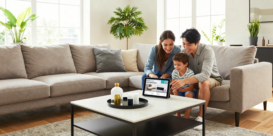 Modernes Wohnzimmer mit Familie, die sich mit wohnmöbel online kaufen beschäftigt und stilvolle Möbel sowie eine helle Atmosphäre präsentiert.