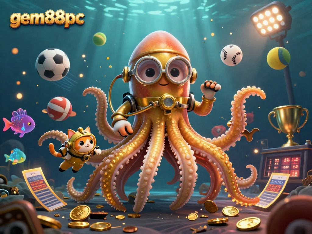 Engage in thrilling gameplay at gem88pc with bioluminescent sea creatures and a kraken amidst sports elements.