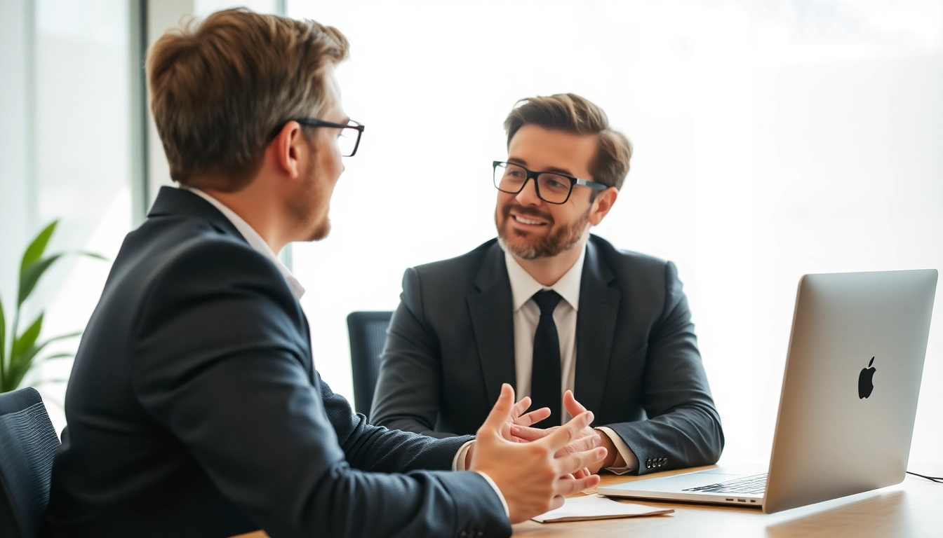 Headhunter führt ein Bewerbungsgespräch mit einem Kandidaten in einem modernen Büro.