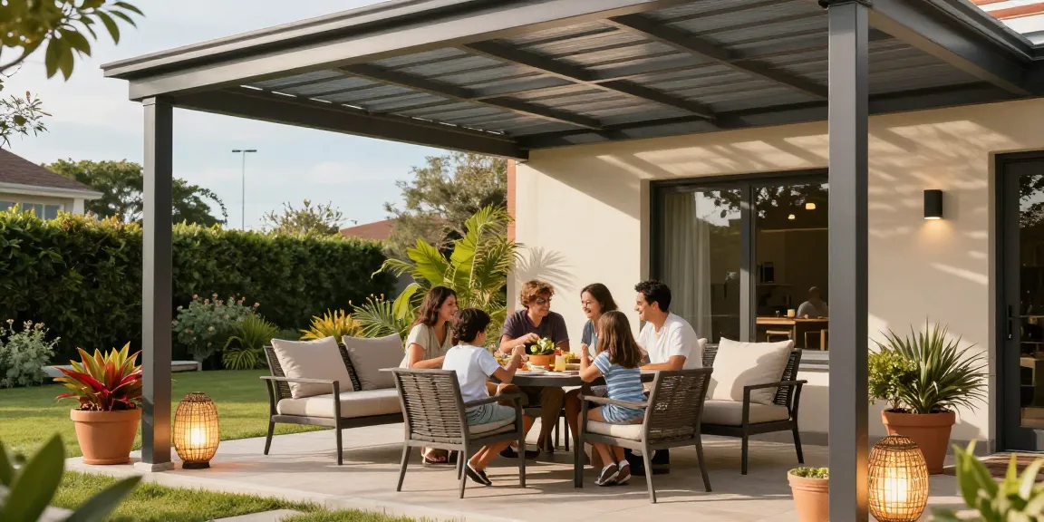Moderne Terrassenüberdachung mit Familie beim Essen im Garten.