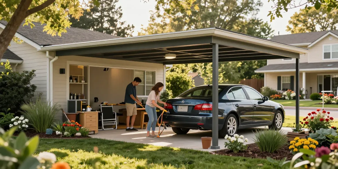 Moderne Carport-Installation im Garten mit glücklichem Paar, das Werkzeuge organisiert.