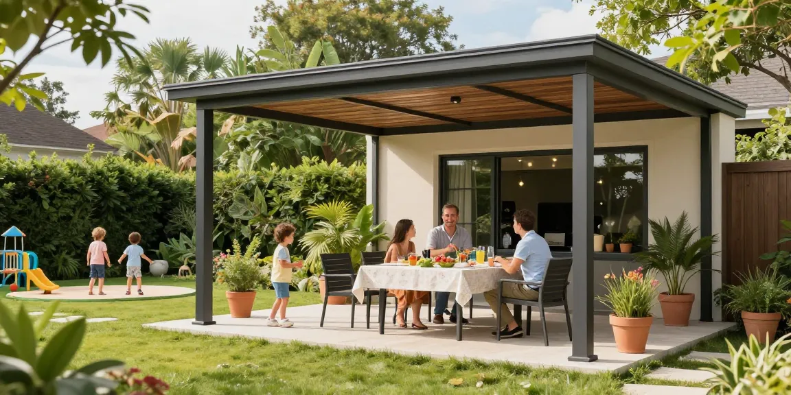 Freistehende Terrassenüberdachung in einem einladenden Garten, perfekte Lösung für sonnige Tage