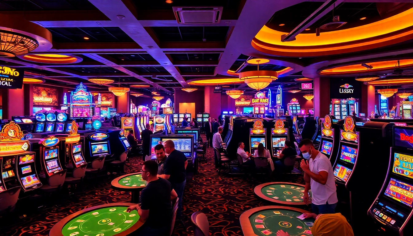 Players engaging at casinos ohne einzahlungslimit, featuring dynamic slot machines and card games in an inviting atmosphere.