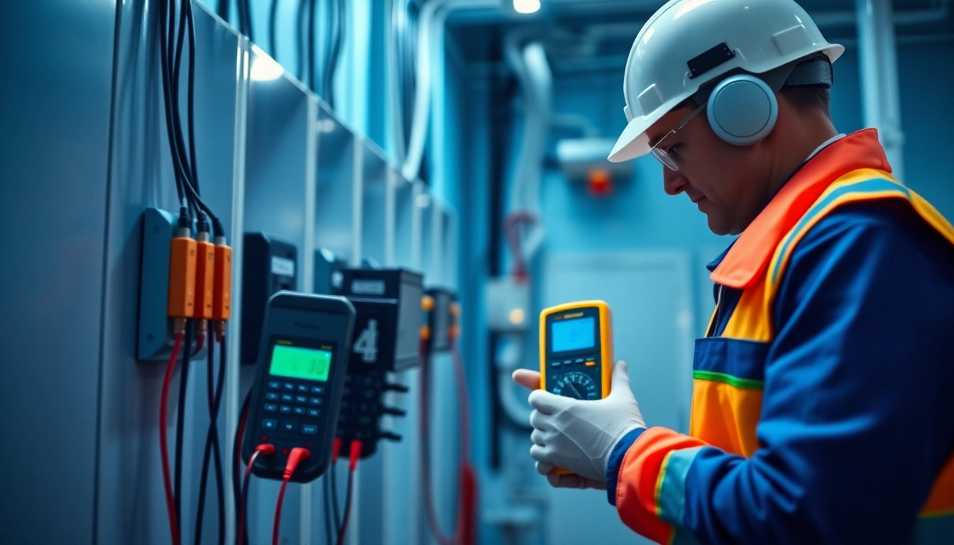 Technician conducting a DGUV V3 Prüfung safety inspection on electrical equipment.