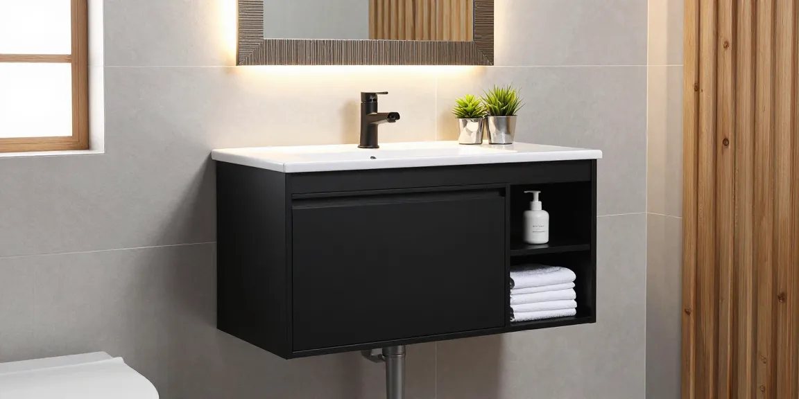 Stijlvol zwart badkamer kastje dat prachtig een moderne badkamerinrichting versterkt.